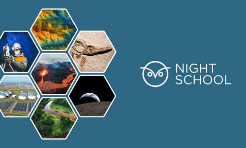 various hexagons with images such as volcanoes, planets, fossils in them with Night School and an owl graphic on a blue background