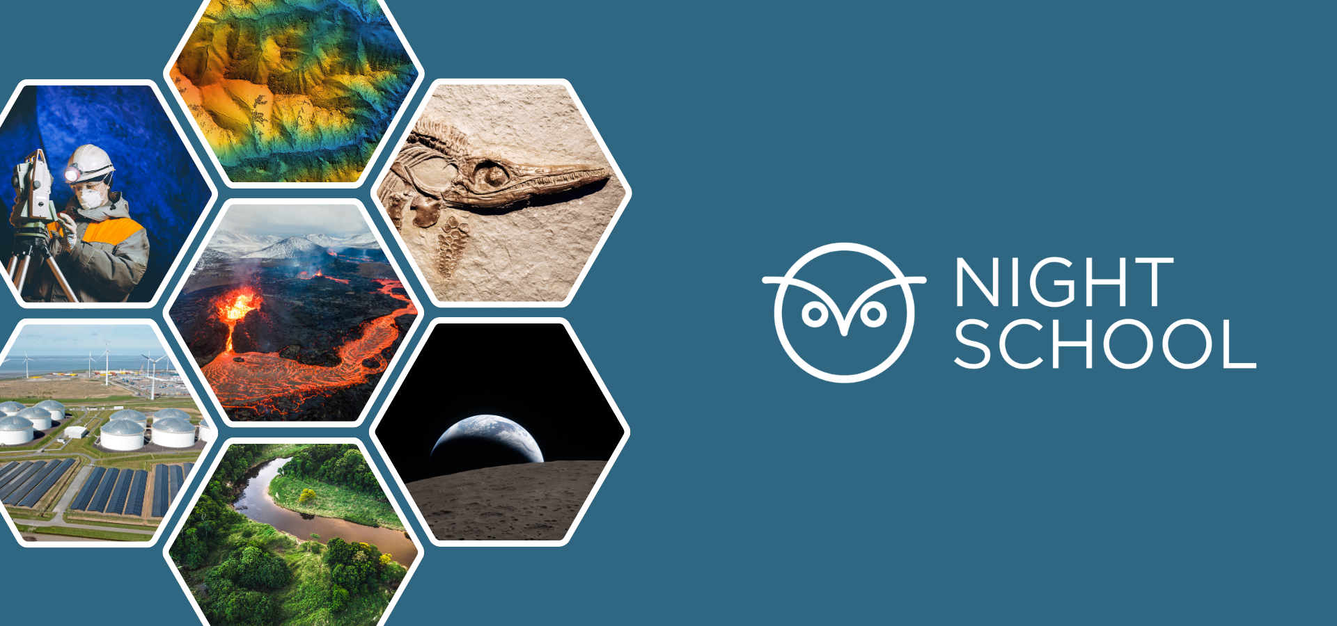various hexagons with images such as volcanoes, planets, fossils in them with Night School and an owl graphic on a blue background