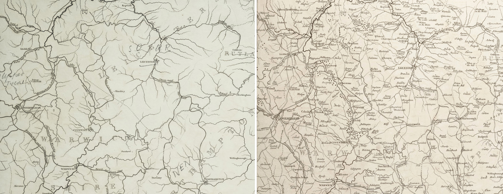 The Midlands area from two early draft of Greenough's outline maps