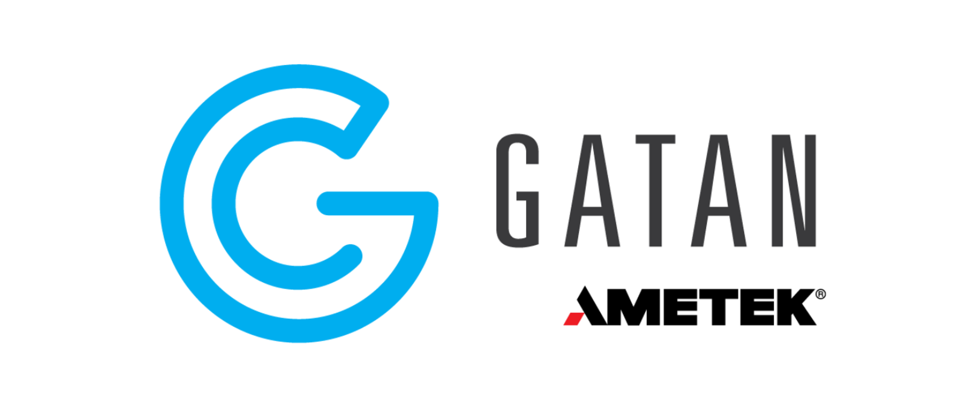 Gatan logo featuring a stylized blue letter “G” on the left, with the word “GATAN” in dark grey uppercase letters to the right, and “AMETEK” below in black with a small red triangular accent.