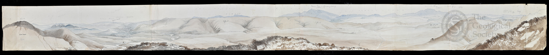 Panoramic watercolour of the mountains near Llanwrtyd, by Charlotte Traherne, [?1833-1834]. 