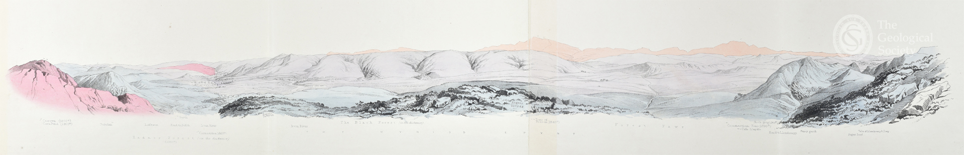 Panoramic view from the hills south west of Llanwrtyd Brecknockshire, by Charlotte Traherne taken from Silurian System (1839)