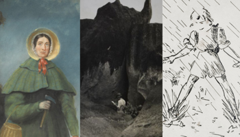 A three‑panel image showing: left, a painted figure in historic outdoor clothing with a green layered cape, a round bonnet, a red ribbon, and holding a geological hammer and basket against a muted blue background; centre, a black‑and‑white photograph of a person standing among tall, dark, jagged rock formations; right, a black‑and‑white sketch of a person moving through heavy rain with diagonal lines indicating rainfall.