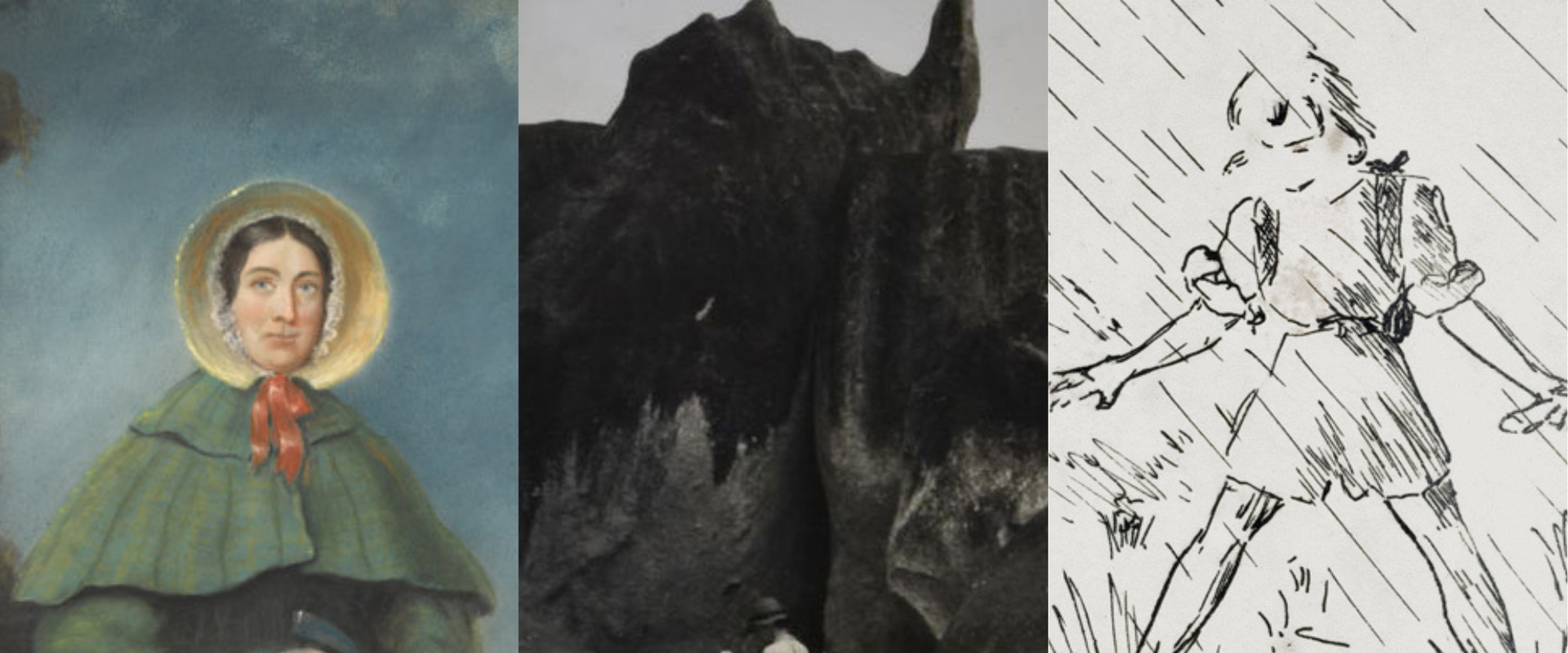 A three‑panel image showing: left, a painted figure in historic outdoor clothing with a green layered cape, a round bonnet, a red ribbon, and holding a geological hammer and basket against a muted blue background; centre, a black‑and‑white photograph of a person standing among tall, dark, jagged rock formations; right, a black‑and‑white sketch of a person moving through heavy rain with diagonal lines indicating rainfall.