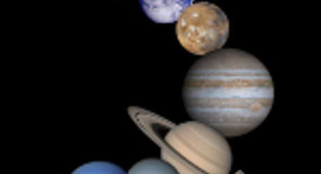 The planets of the Solar System displayed on a black background slightly overlapping each other