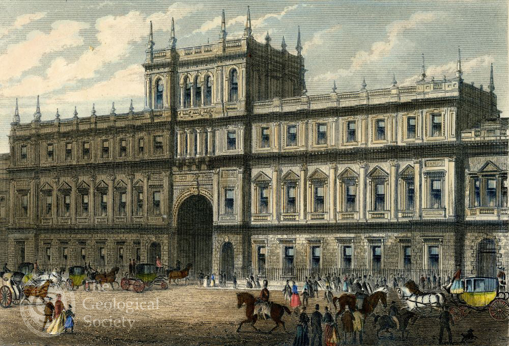 Hand coloured engraving showing New Burlington House 1873