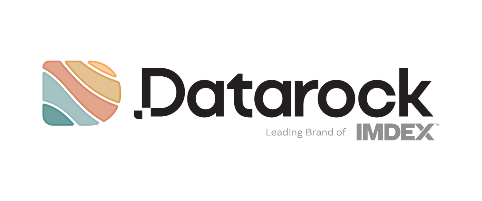 DataRock company logo featuring a stylized, layered icon in teal, peach, mustard, and coral tones on the left, next to the word “Datarock” in bold black lettering, with the tagline “Leading Brand of IMDEX™” in smaller grey text beneath.