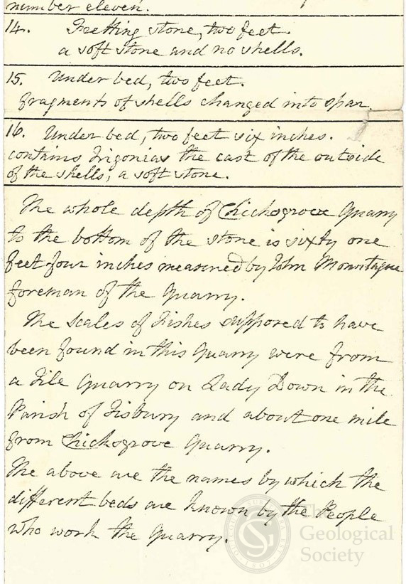 Extract from Etheldred Benett's section of Chicksgrove Quarry, 1816