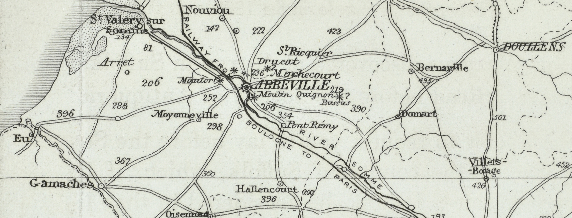 Map of the Somme area showing areas where flints have been found