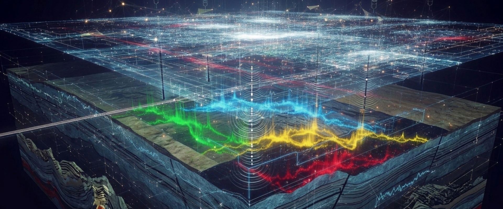 A computer-generated image of a grid with a central light source, highlighting geometric patterns and shadows.