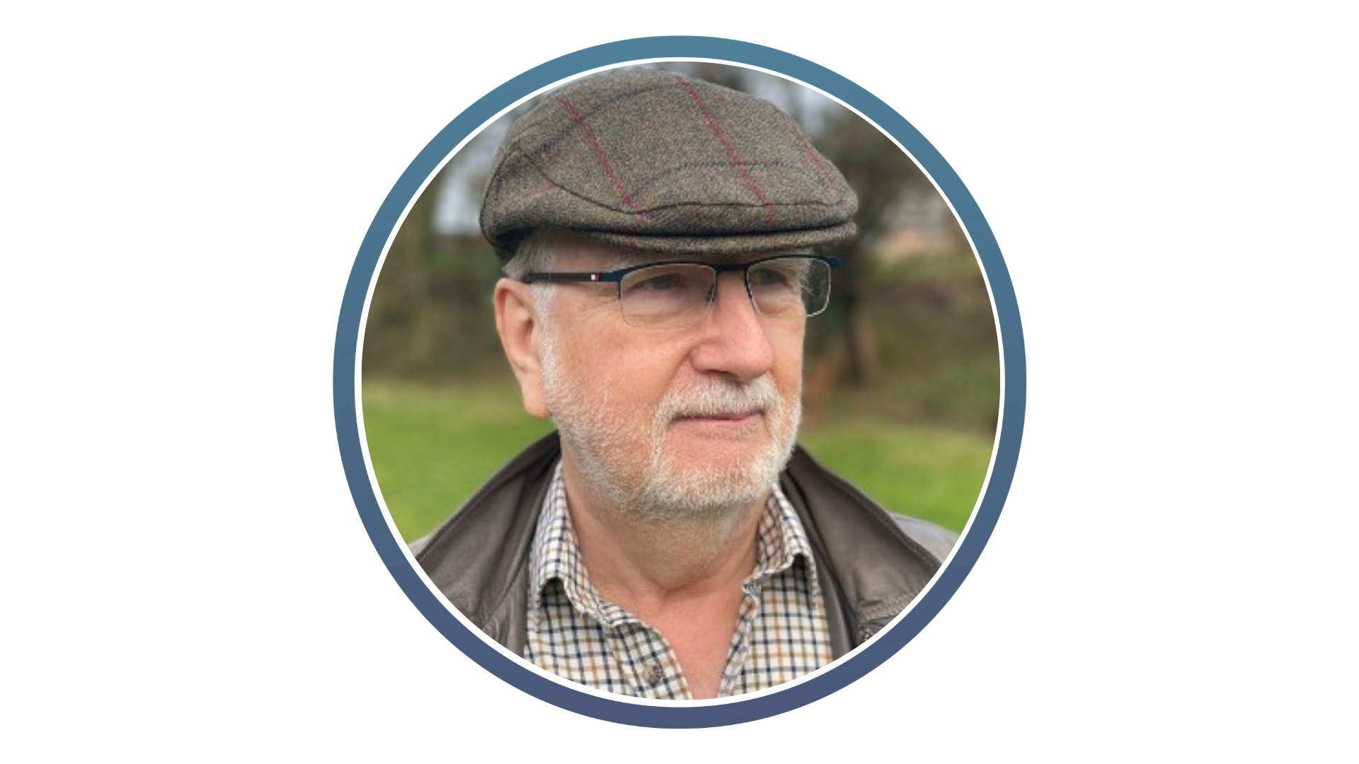 white man with glasses wearing a checked tweed cap, checked shirt and brown jacket