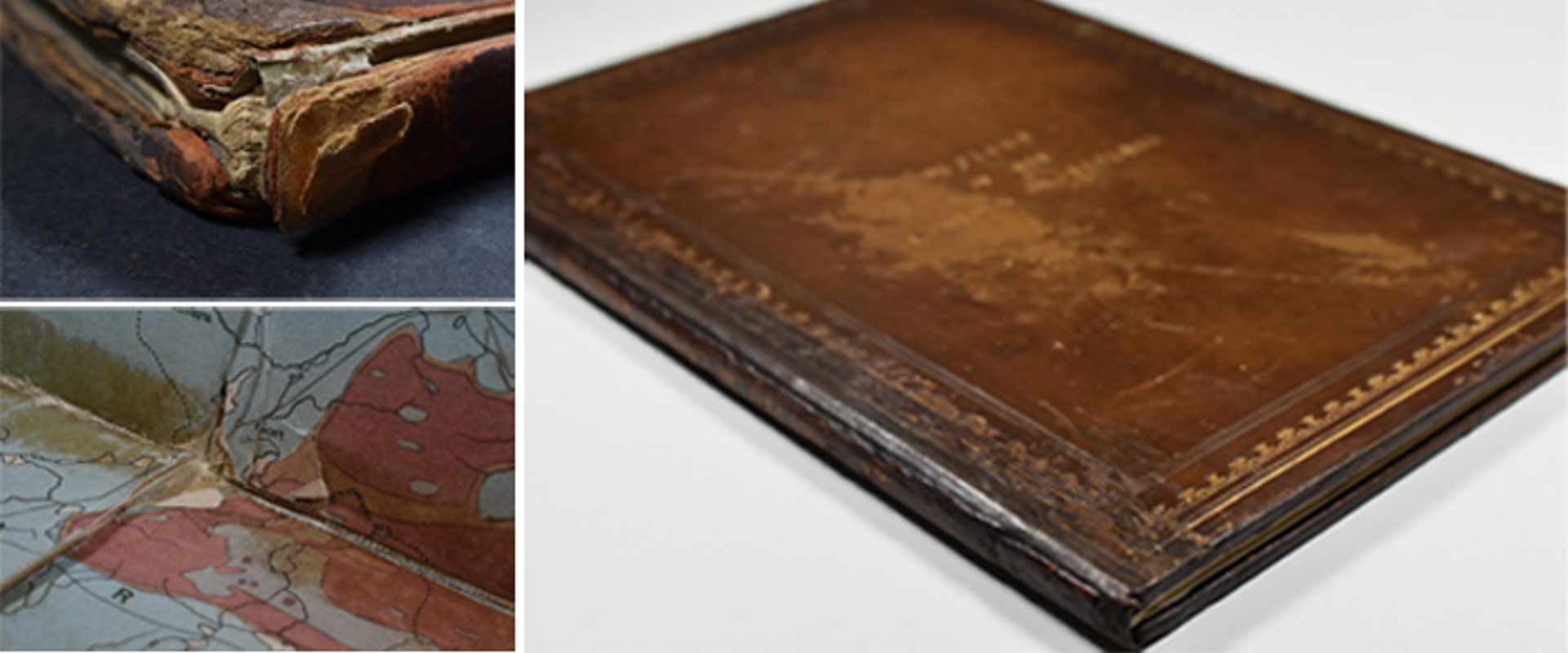 A collage of three images of antiquarian books with brown leather bindings, in a state of disrepair