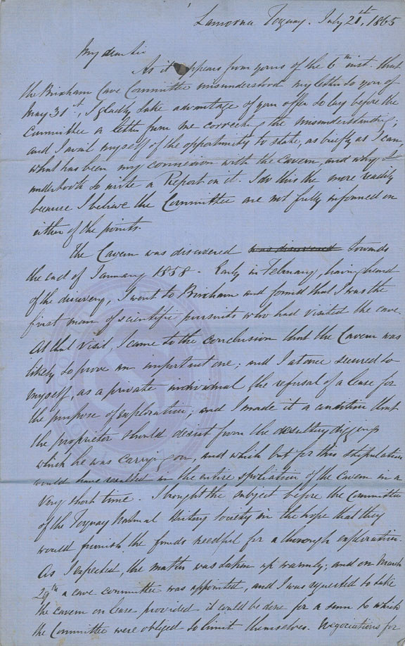 Letter from William Pengelly to Joseph Prestwich, 21 July 1865. (Archive ref: LDGSL/8)