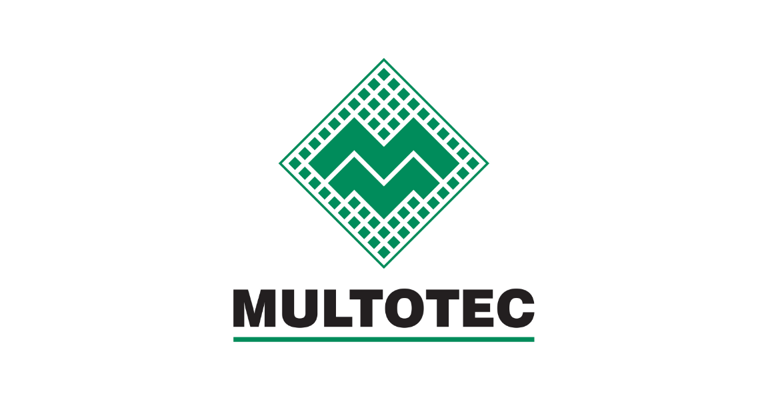 Multotec company logo centered on a light gray background. A green diamond-shaped emblem with a geometric grid border and a stylized zigzag design appears above the word “MULTOTEC” in bold black uppercase letters. A thin green horizontal line is positioned beneath the company name.