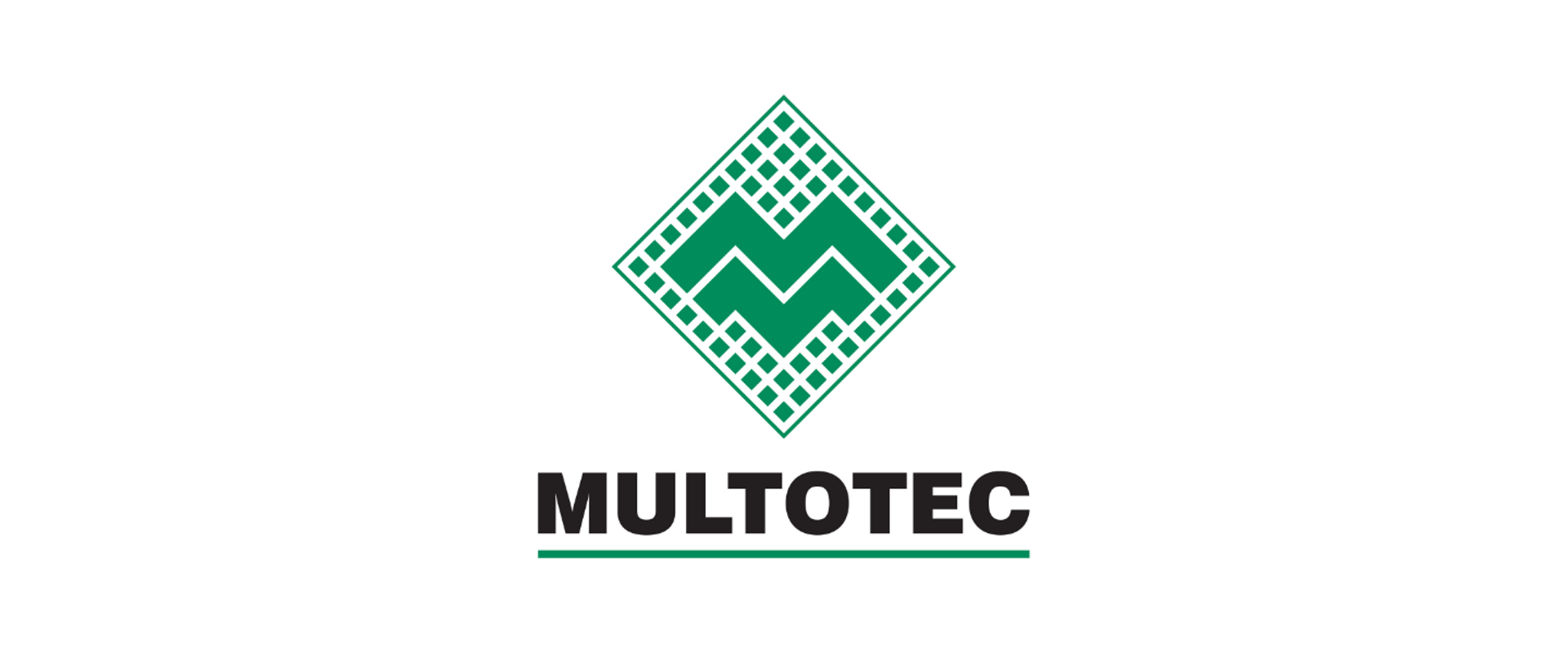 Multotec company logo centered on a light gray background. A green diamond-shaped emblem with a geometric grid border and a stylized zigzag design appears above the word “MULTOTEC” in bold black uppercase letters. A thin green horizontal line is positioned beneath the company name.