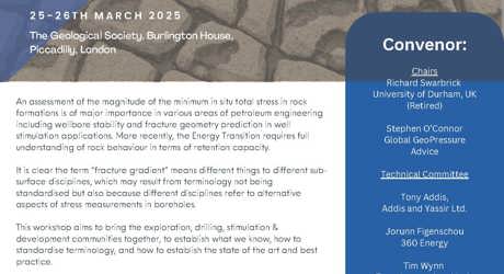 A promotional flyer for the Energy Group’s event titled “Fracture Gradient: Fact or Fiction,” held 25–26 March 2025 at The Geological Society in London. The flyer has a cobblestone background and includes a description of the workshop’s purpose, a list of technical topics to be covered, and the names of the convenors and technical committee members.