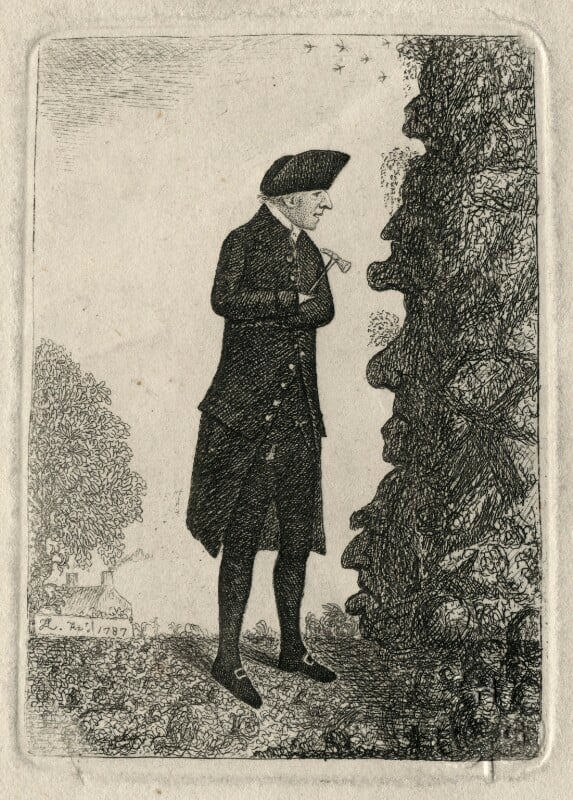 Illustration of James Hutton in the field with his geological hammer