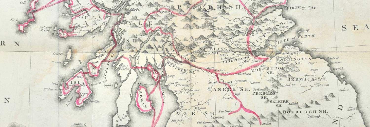 Extract of a map showing the route taken by the Wernerian Robert Jameson to view the major geological and mineralogical sites of Scotland for his book ‘Mineralogy of the Scottish Isles’ (1800)