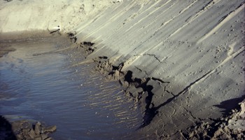 "Erosion of a sandy embankment beside a body of water, showing cracks and partially collapsed soil near the water's edge."