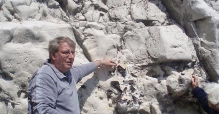 A man with grey hair wearing glasses and grey clothing standing in front of a chalky cliff face and pointing