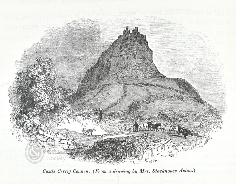 Woodcut Castle Cerig Cennan from Silurian System (1839)