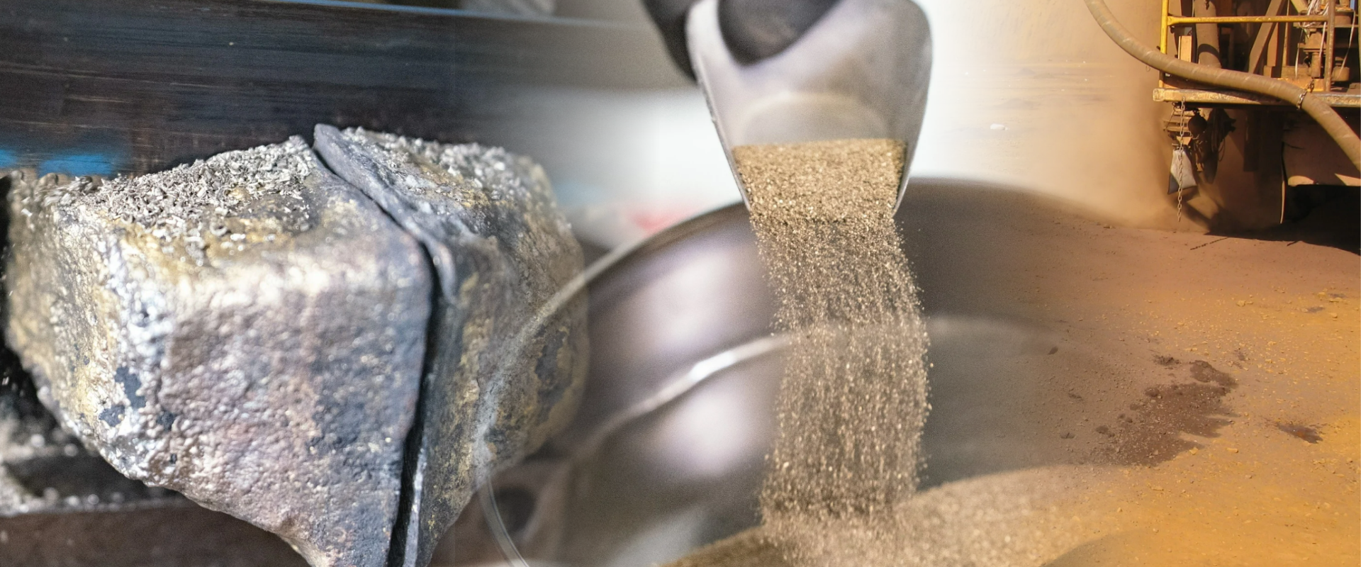 Composite image showing two scenes related to mineral or metal processing. On the left, a close-up view of a rough, solid metallic or mineral block with textured, uneven surfaces positioned inside industrial equipment. On the right, a gloved hand pours a stream of fine granular material into a round metal container, with industrial machinery visible in the background.