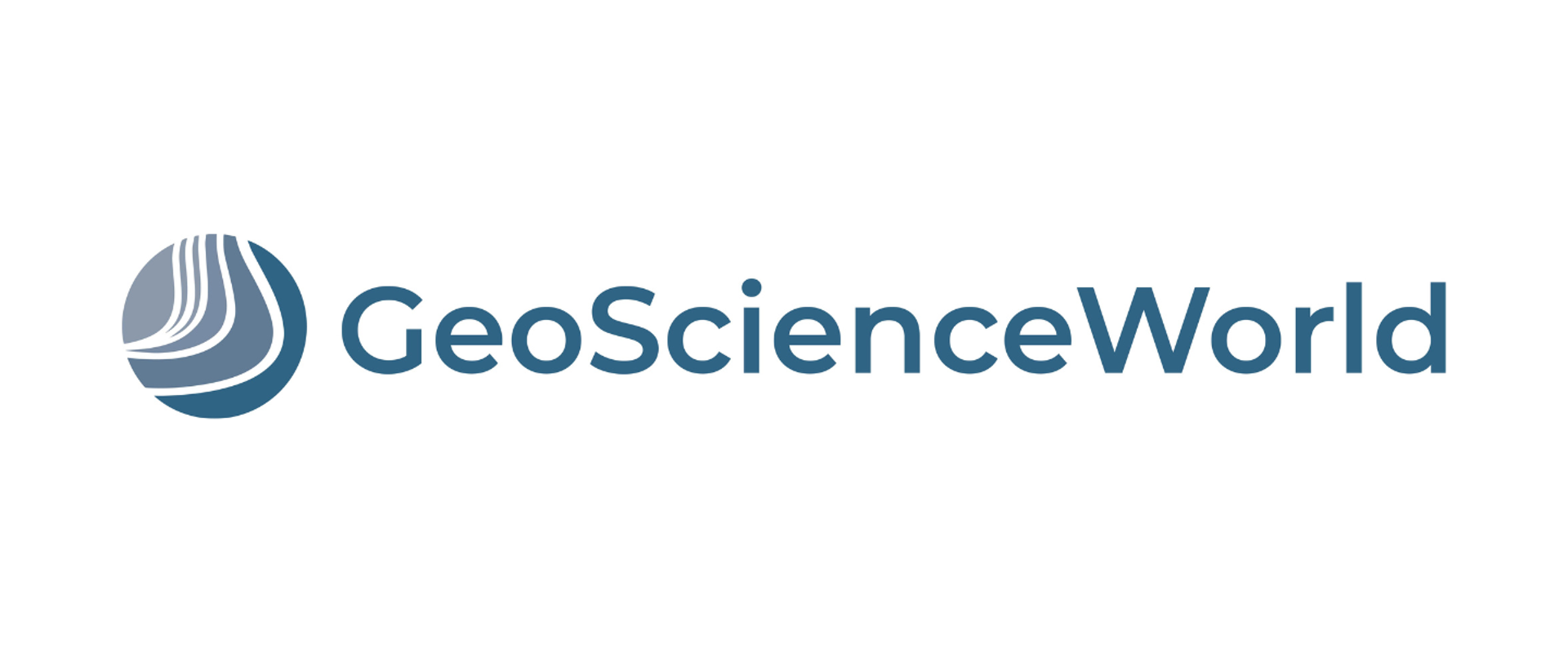 GeoScienceWorld logo featuring a circular blue icon with curved white and light‑blue layered lines resembling geological strata, followed by the text “GeoScienceWorld” in blue.