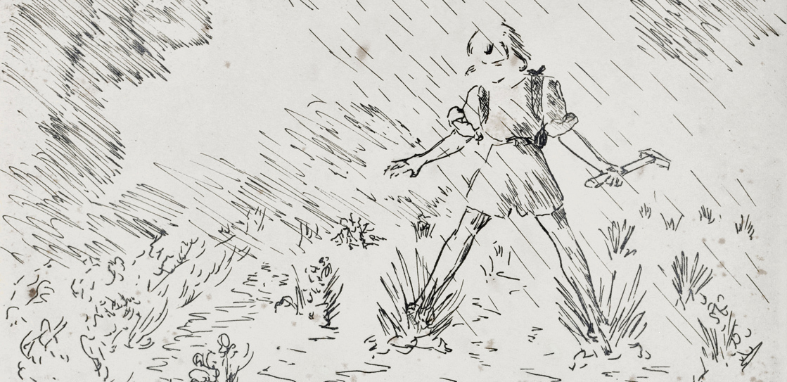 Detail of Janet Watson's caricature of herself in the field, 1946