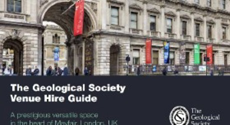 The Geological Society building facade with colorful banners, text reads: "The Geological Society Venue Hire Guide, Mayfair, London, UK.
