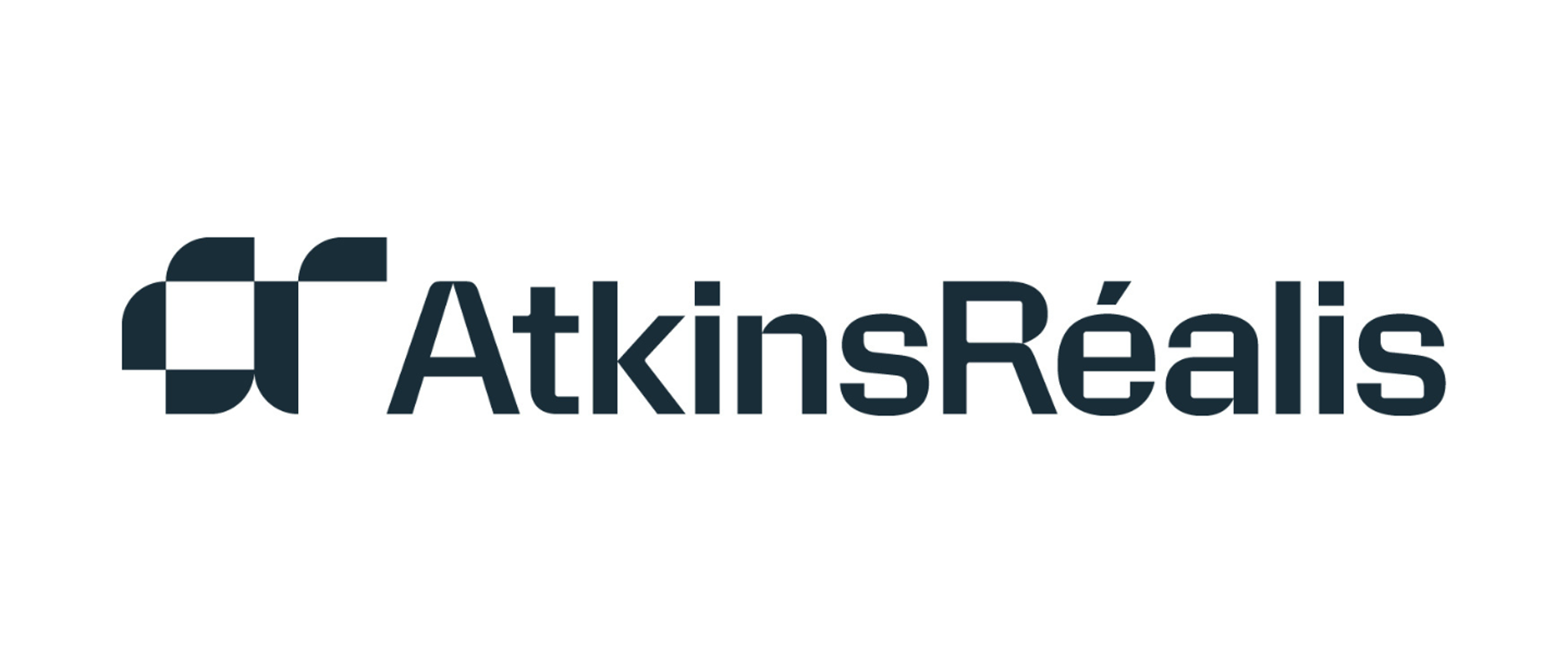 AtkinsRéalis logo in dark blue on a light grey background.