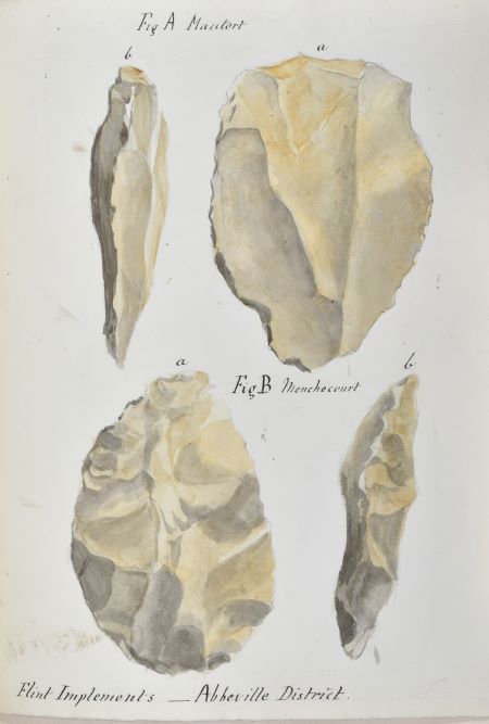 Watercolour of hand worked flints from  Abbeville