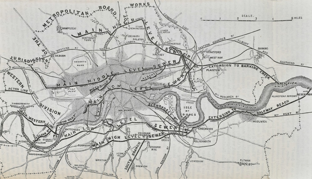 Map of the proposed lines of the main drainage and intercepting sewers to be constructed under the supervision of Joseph Bazalgette, [1858] probably taken from the 'Engineer Magazine'.