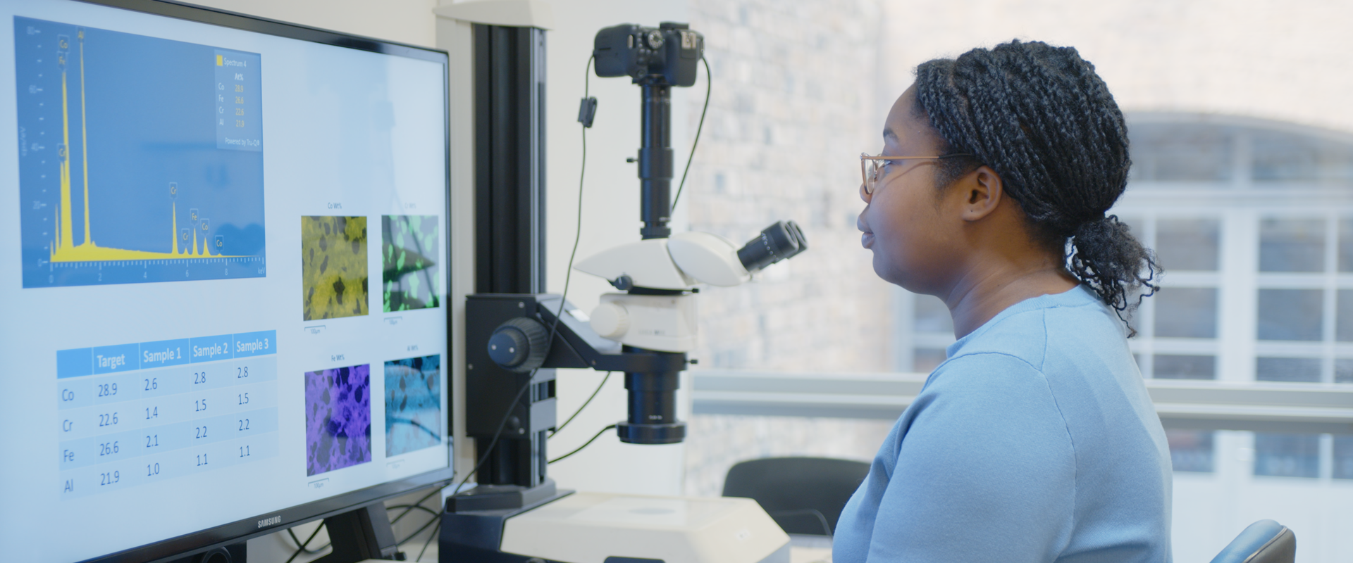 A woman looks at data and samples on a computer screen