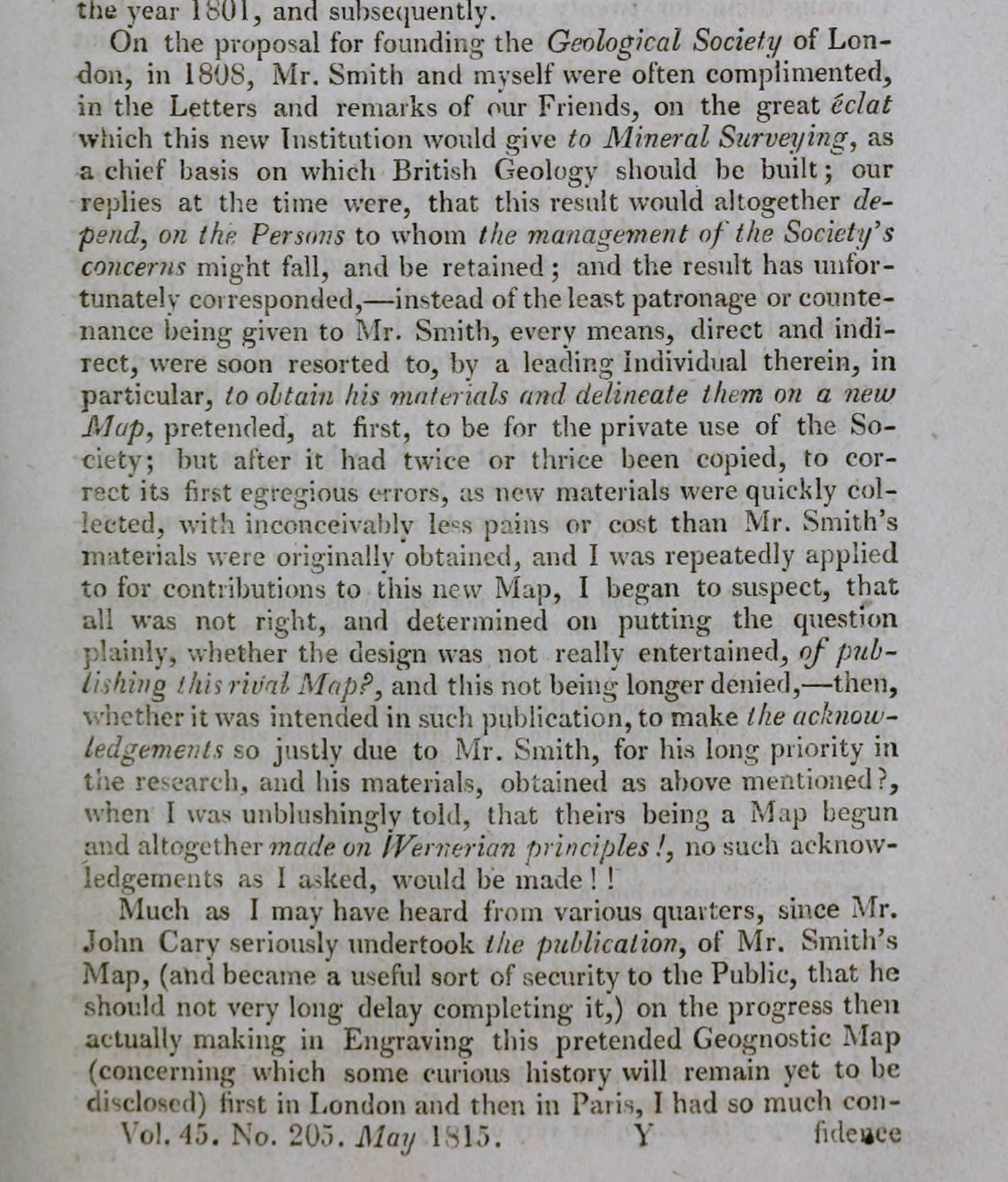 Extract of Farey, John, “Observations on the priority of Mr Smith’s investigations of the strata of England”, Philosophical Magazine’, vol XLV (1815).