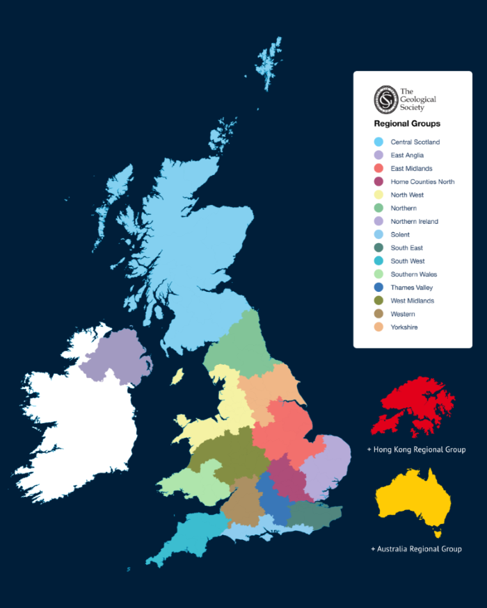 Image showcasing the regions where the Geological Society has Regional Groups in, including the United Kingdom, Hong Kong and Australia