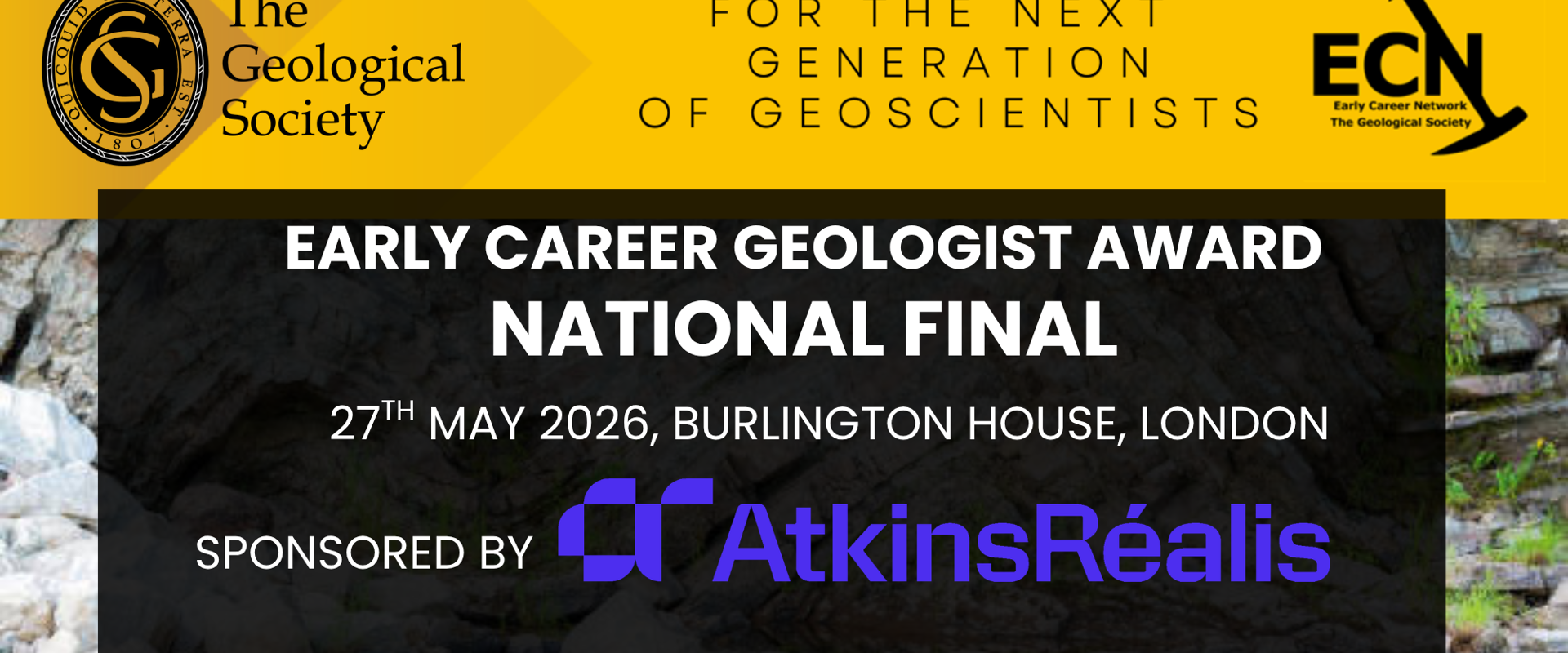 Event banner for Early Career Geologist Award National Final 27th May 2026 at Burlington House London