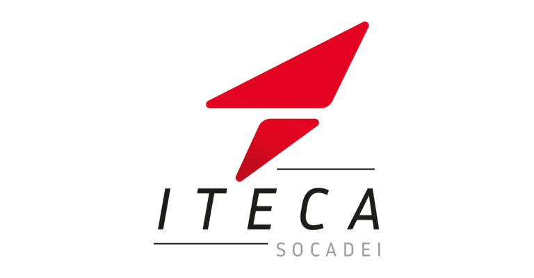 ITECA Socadei logo on a light gray background. The logo features two stylized red geometric shapes above the company name. Below the shapes, the text “ITECA” appears in large black italicized letters with thin horizontal lines above and below portions of the word. The word “SOCADEI” appears underneath in smaller light gray uppercase letters.