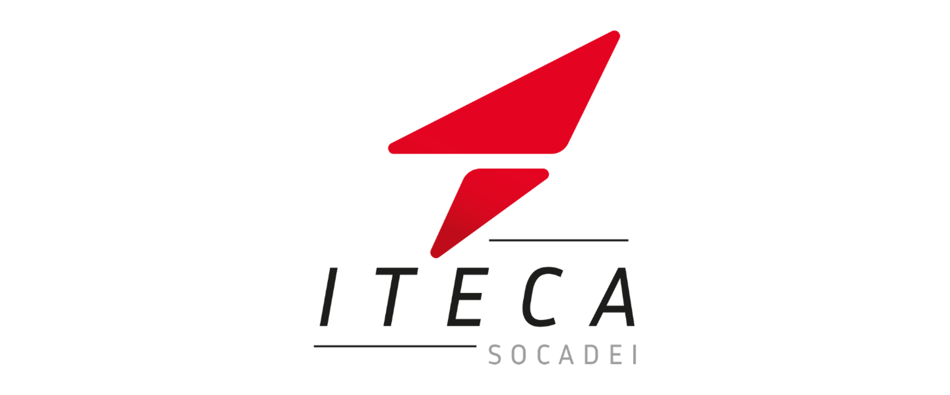 ITECA Socadei logo on a light gray background. The logo features two stylized red geometric shapes above the company name. Below the shapes, the text “ITECA” appears in large black italicized letters with thin horizontal lines above and below portions of the word. The word “SOCADEI” appears underneath in smaller light gray uppercase letters.