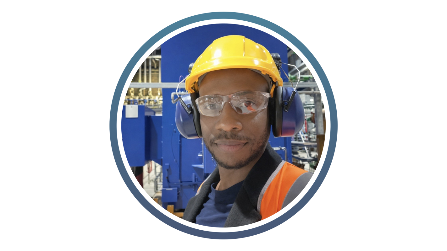 black man with hard hat and headphones wearing a high vis waistcoat standing in front of blue machinery