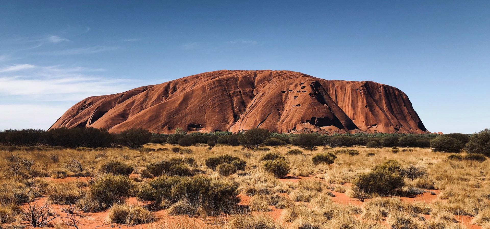 huge red rock mountain (Uluru) in background surrounded by dry desert