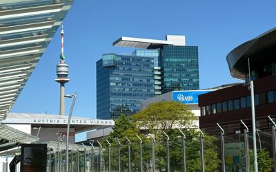 Austria Viena Centre with an EGU26 banner on its façade