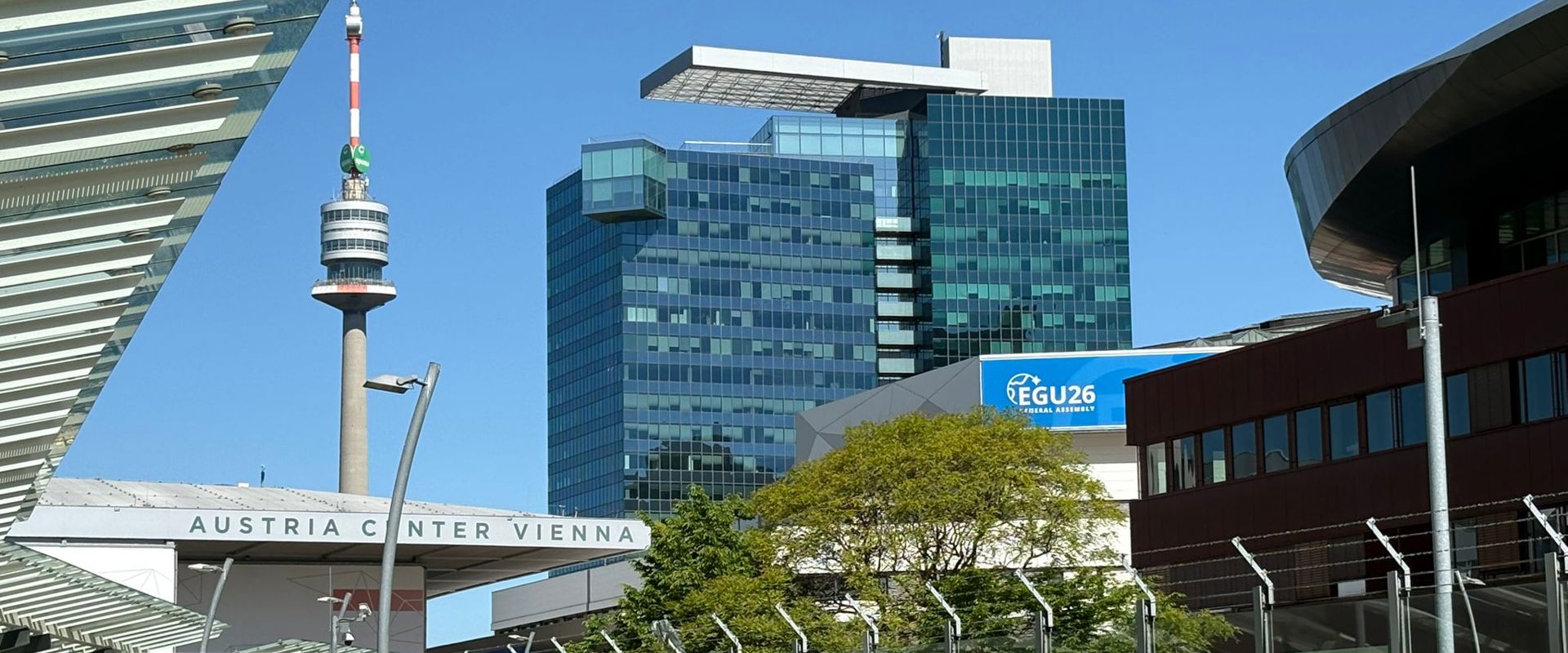 Austria Viena Centre with an EGU26 banner on its façade